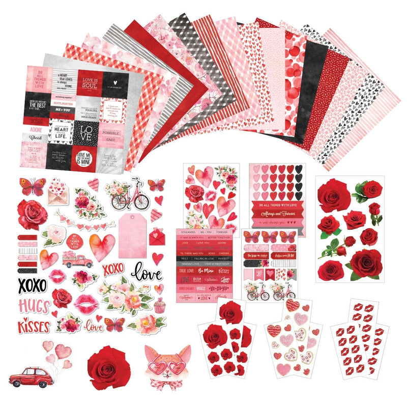 this craft kit  image features red, black and pink themed scrapbook papers, stickers, and diecuts featuring hearts, roses and words shown on a white background.