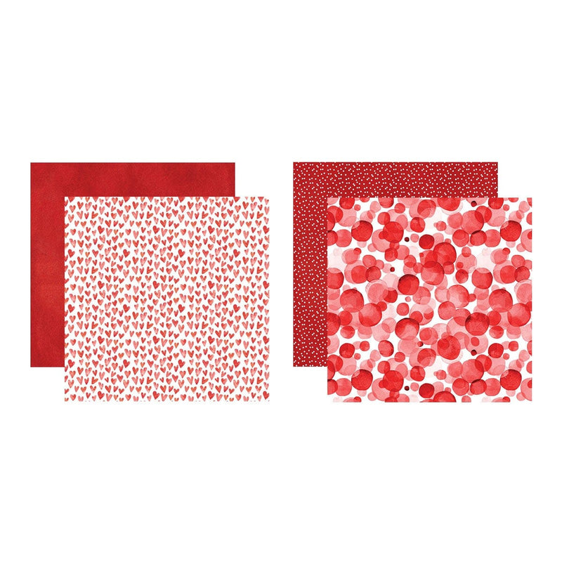 this craft kit image features a red and white heart patterned square overlapping a red square and a red and white bubble patterned square overlapping a red and white polka dot pattern, shown on a white background.