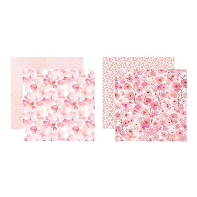 this craft kit image features a pink bubble patterned square overlapping a pink polka dot pattern square and a pink floral patterned square overlapping a small pink floral pattern square, shown on a white background.