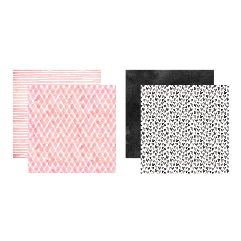 this craft kit image features a pink plaid patterned square overlapping a pink stripe pattern square and a black and white heart patterned square overlapping a black square, shown on a white background.
