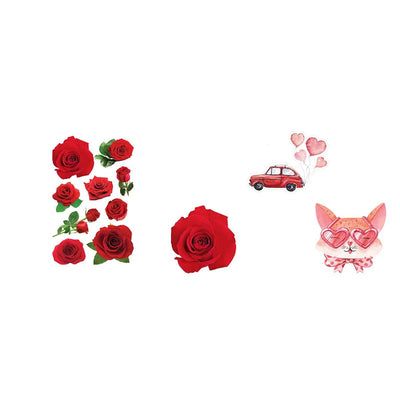 red roses, a pink illustrated cat and a red car with hearts are shown on a white background.