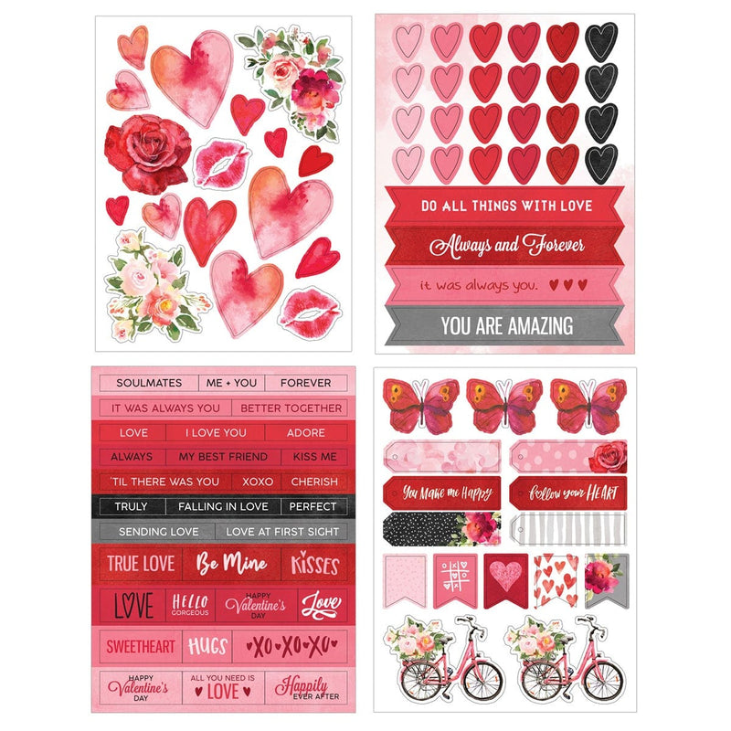 this craft kit image features 4 sheets of stickers featuring red hearts, florals, butterflies and words of love.
