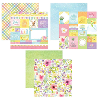 This craft kit image features three, double-sided, pastel colored Spring themed scrapbook papers, shown overlapping on a white background.