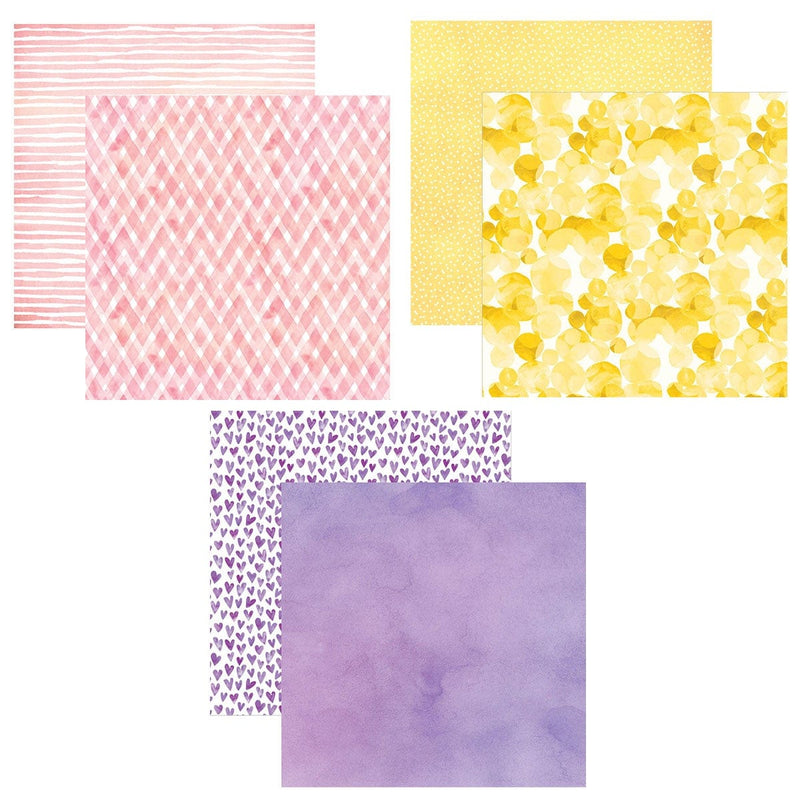 This craft kit image features three, double-sided, pink, yellow and purple patterned scrapbook papers, shown overlapping on a white background.