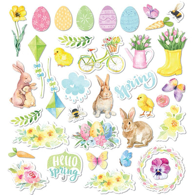This craft kit image features 37 spring themed, pastel colored, scrapbook die cuts shown on a white background.