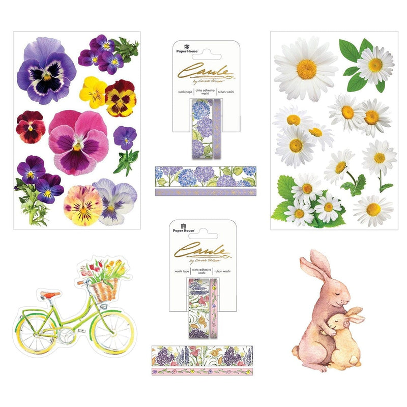 This craft kit image features two sheets of floral stickers, two packages of floral washi tape and two scrapbook diecuts shown on a white background.