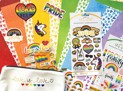 Pride craft kit featuring an assortment of colorful papers, rainbow themed stickers and pencil pouch.
