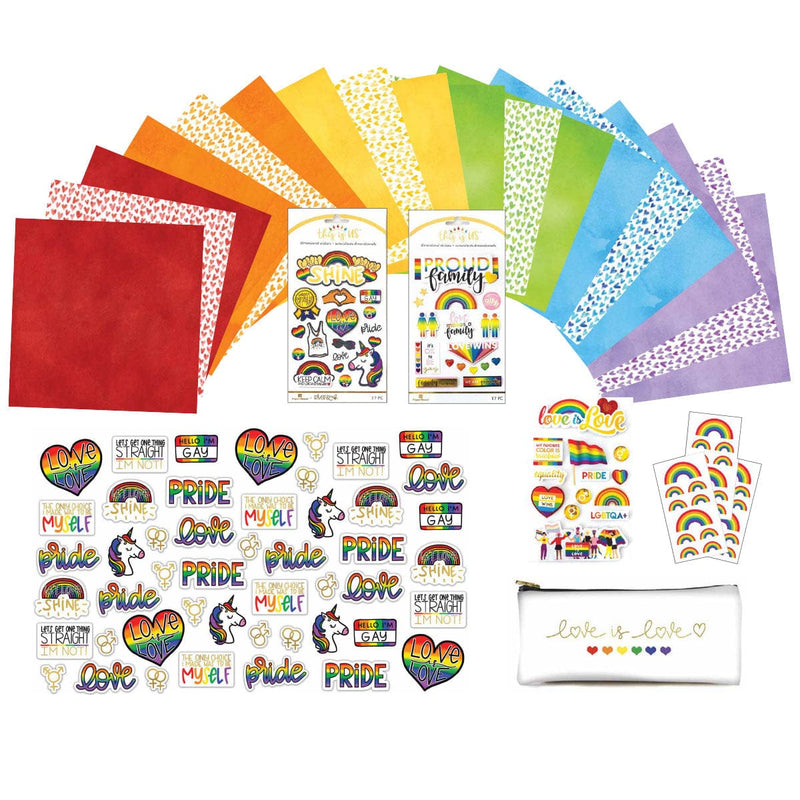 Pride craft kit featuring an assortment of colorful papers, rainbow themed stickers and pencil pouch, shown on white background.