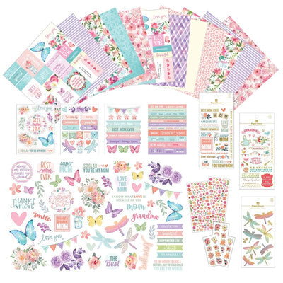 craft kit featuring illustrated pastel butterflies and florals and words of love. Papers, sticker sheets, and die cuts are shown on white background.