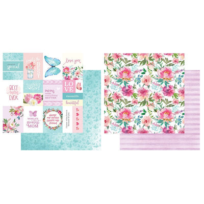 craft kit featuring front and back of 2 scrapbook papers of illustrated pastel florals, butterflies, hearts and stripes, shown on white background.