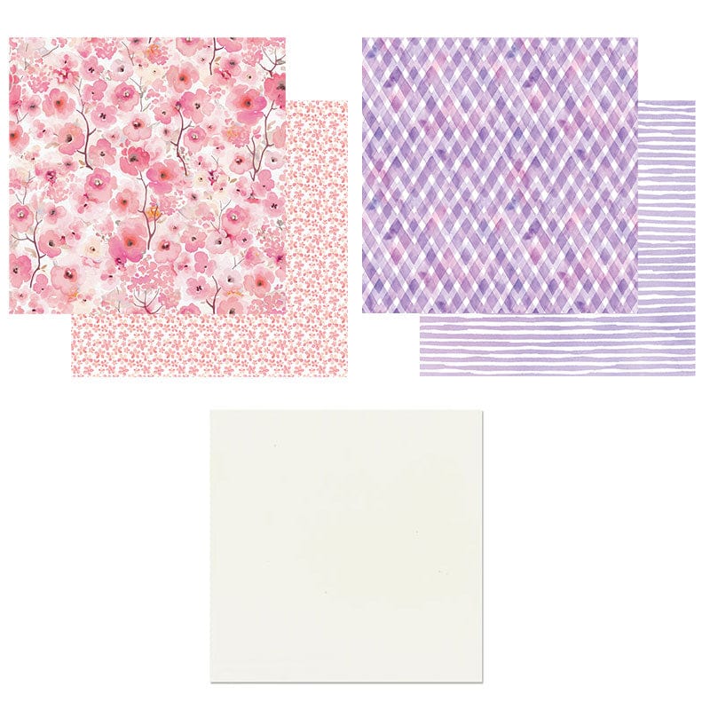 craft kit featuring front and back of 2 scrapbook papers of illustrated pink florals and purple patterns plus a white sheet of paper shown on a white background.