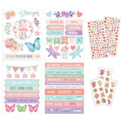 craft kit stickers featuring 9 sheets of stickers featuring pastel illustrated florals, butterflies, hearts and words of love, shown on a white background.
