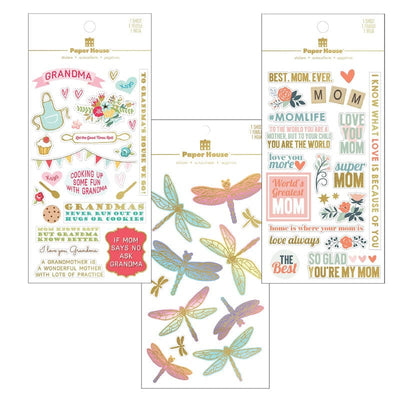 3 craft kit stickers shown in packaging featuring grandma, dragonflies, and mom sentiments, shown on white background.