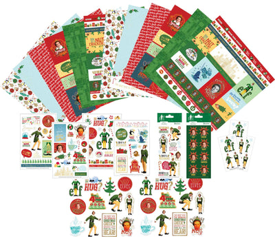 Craft kit featuring 12 Christmas scrapbook papers, and stickers of the movie Elf, shown on a white background.