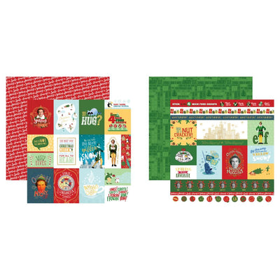 Craft kit featuring 2 double sided tag scrapbook papers of scenes and illustrations from the Christmas movie, Elf shown on white background.