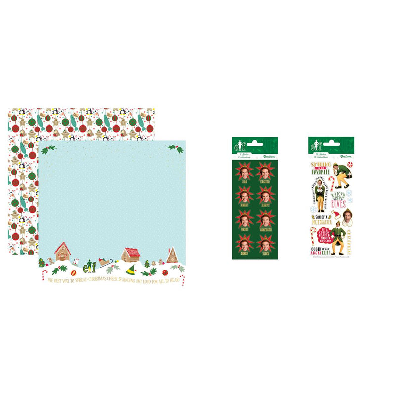 Craft kit featuring 1 double sided scrapbook paper and 2 stickers in package, of scenes and characters from the Christmas movie, Elf shown on white background.