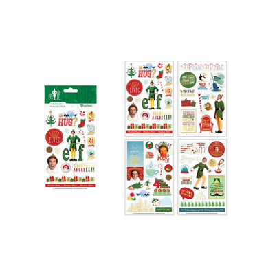 Craft kit featuring sticker book in package with details of the 4 sticker sheets with scenes and characters from the movie, Elf, shown on white background.