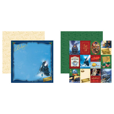 craft kit featuring 2 double sided scrapbook papers with scenes and characters from the Polar Express movie, shown on white background.