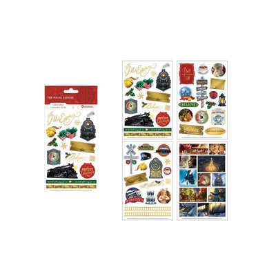 craft kit featuring a sticker book in package with details of the 4 sticker sheets with characters and scenes from the Polar Express movie, shown on white background.