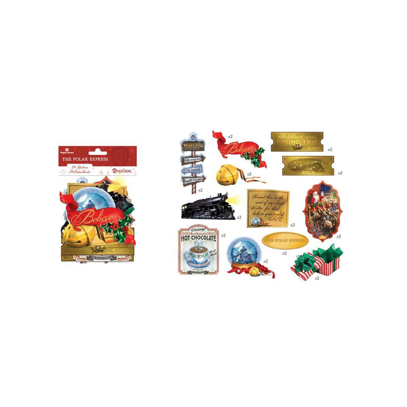 craft kit featuring die cuts in package with details of the die cuts with scenes and characters from the Polar express movie, shown on white background.