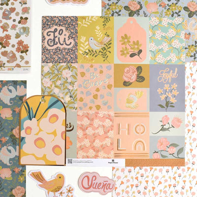 Craft kit featuring illustrated floral papers and die cuts shown displayed on white background.