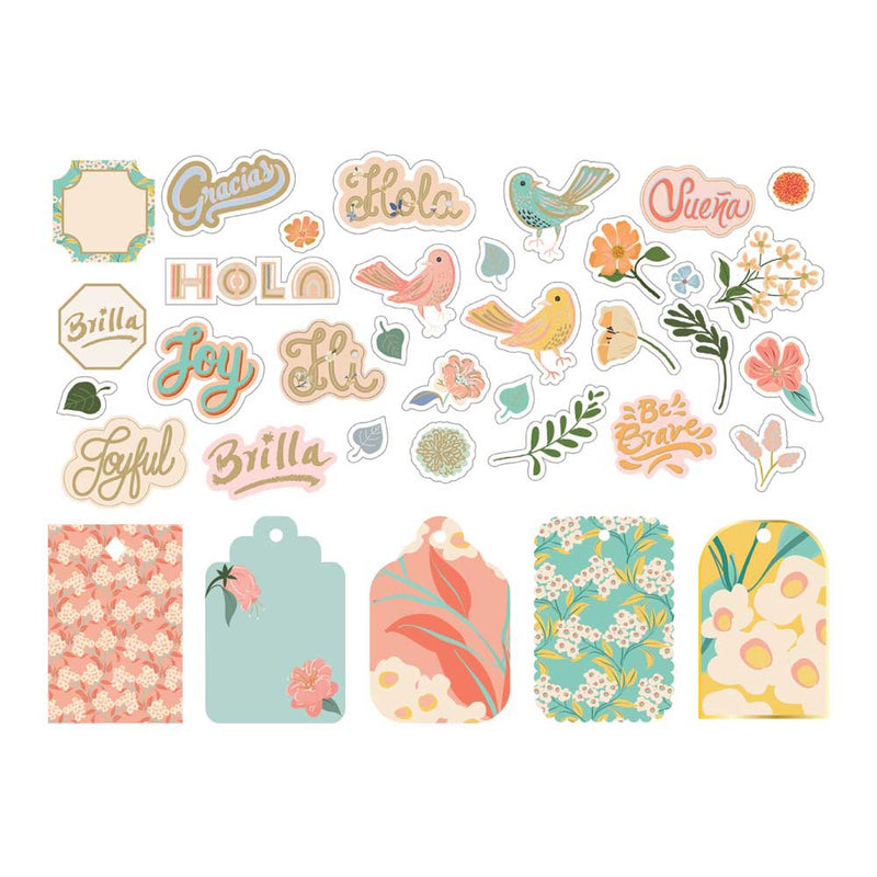 Craft kit featuring illustrated, die cut florals, birds, words and tags with gold details shown on white background.
