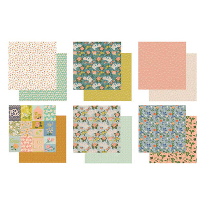 Craft kit featuring 6 illustrated floral and patterned double sided scrapbook papers shown on white background