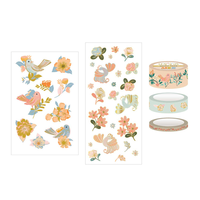 Craft kit featuring 2 sheets of illustrated floral and bird stickers with 3 rolls of washi tape, shown on white background.