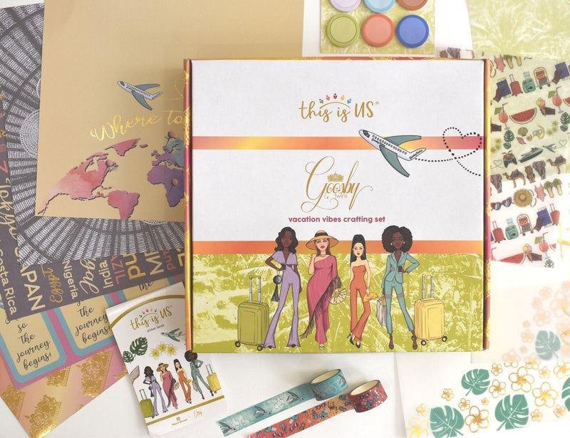 Decorative storage box containing Goosby Twins Vacation Vibes craft kit. Box features illustration of four stylish women of different ethnicities and an airline jet creating a heart-shaped jet stream. 