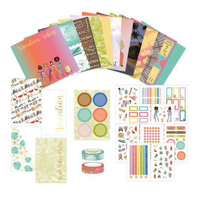 All of the Goosby Twins Craft Kit contents are shown. 12 scrapbook paper designs, 4 sheet of velum, 6 pads of of circular sticky notes, sticker book, 2 rolls of washi