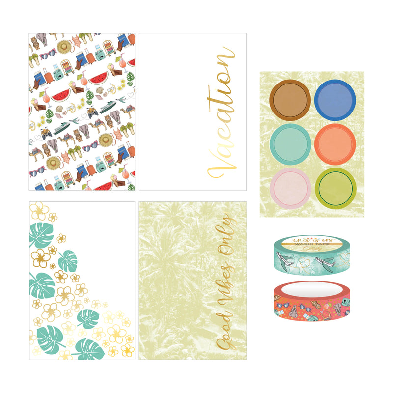 Detail of 4 vellum sheets, circular sticky notes, and washi tape included in Goosby Twins Craft Kit