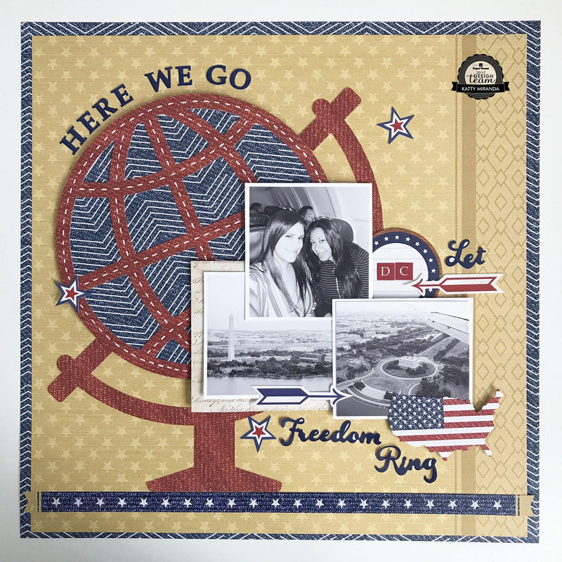 scrapbook page featuring a cluster of three black and white photos  on a tan background embellished with red, white, and blue patriotic scrapbook stickers and embellishments