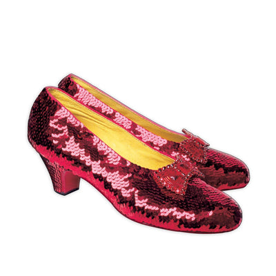 fridge magnet featuring the Wizard of Oz ruby slippers shown on a solid white background.