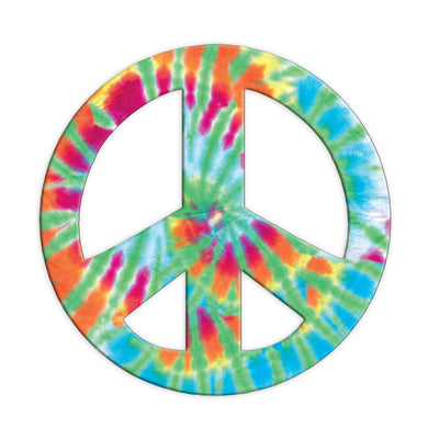 fridge magnet featuring a colorful tie dye peace sign shown on a white background.
