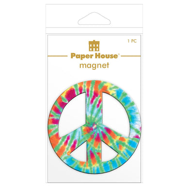 fridge magnet featuring a colorful tie dye peace sign shown in package on white background.