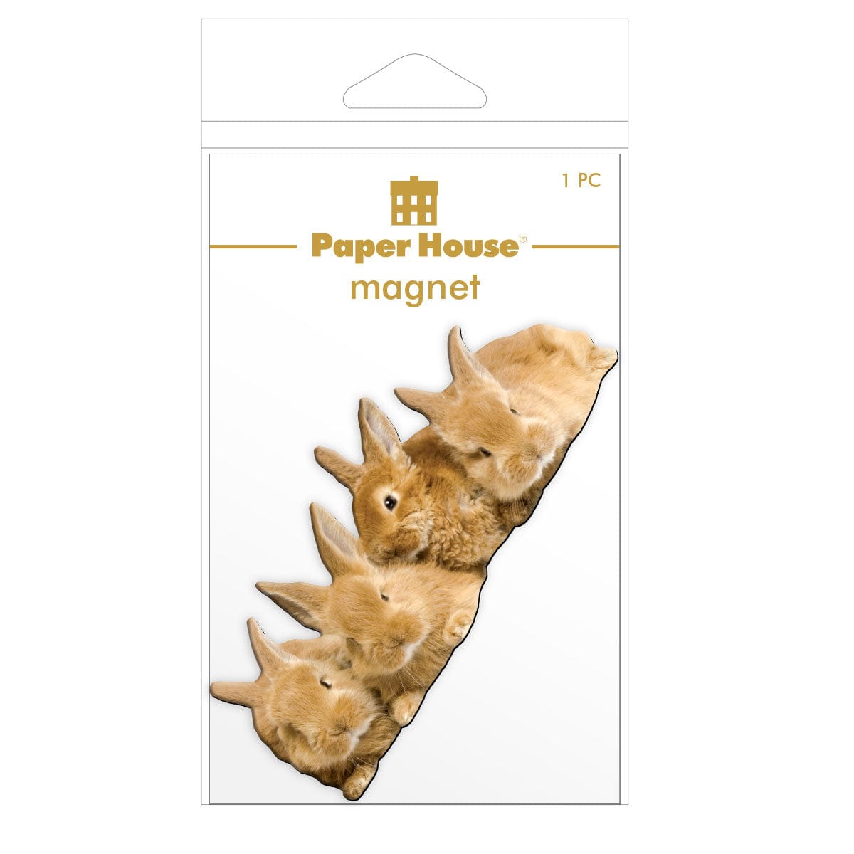 fridge magnet featuring 4 tan bunnies shown in package on white background