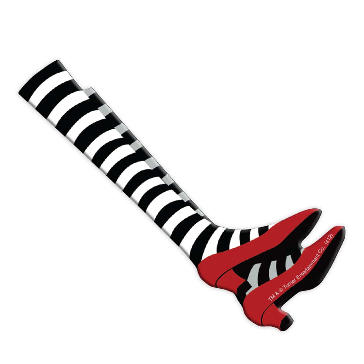 fridge magnet featuring the legs in black and white striped socks and red slippers of the Wicked Witch of the East