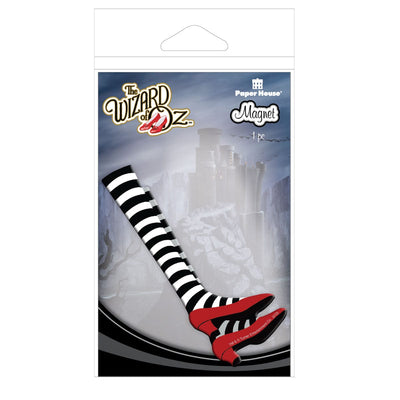 fridge magnet featuring the legs in black and white striped socks and red slippers of the Wicked Witch of the East shown in package.