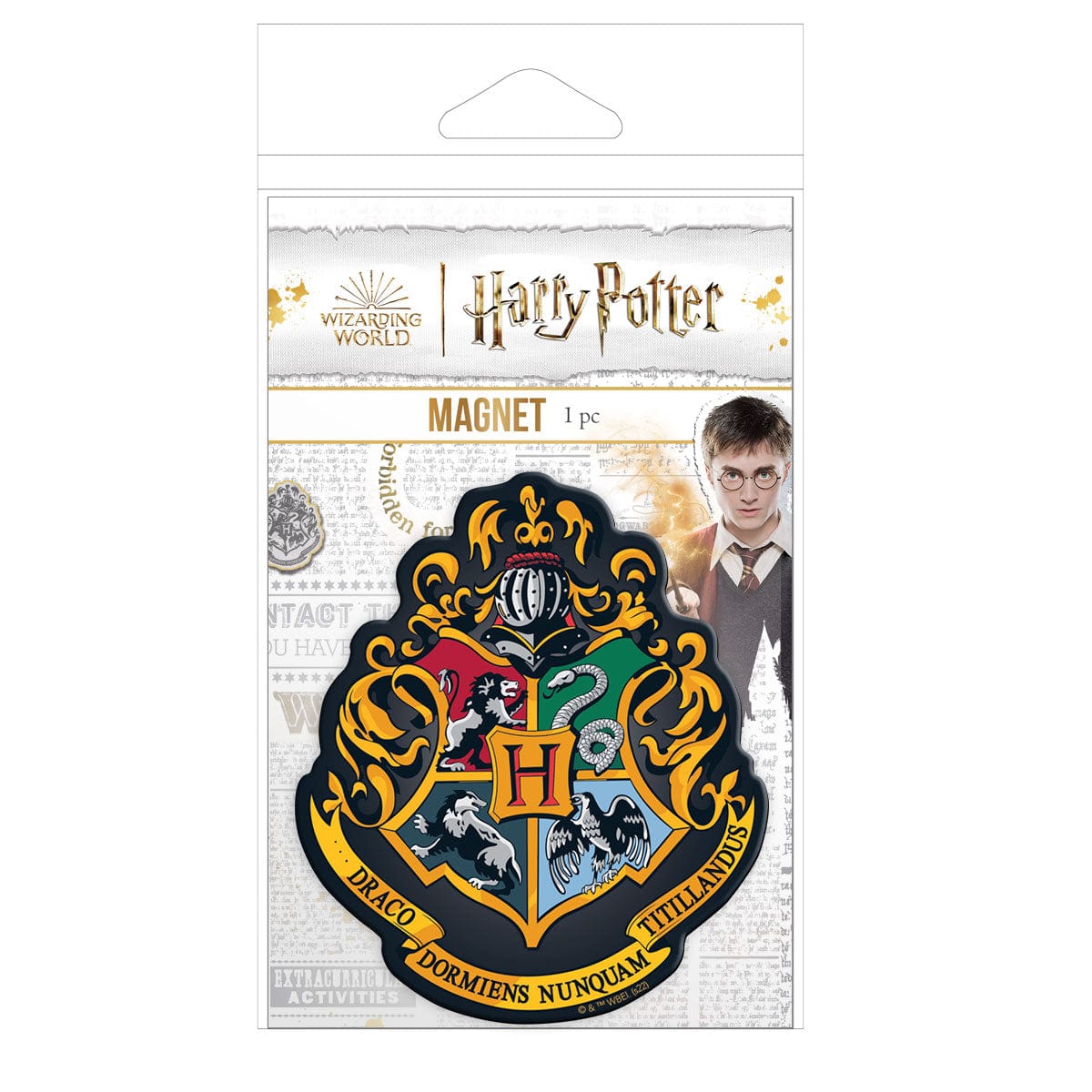 fridge magnet featuring a colorful Hogwarts crest shown in package on a white background