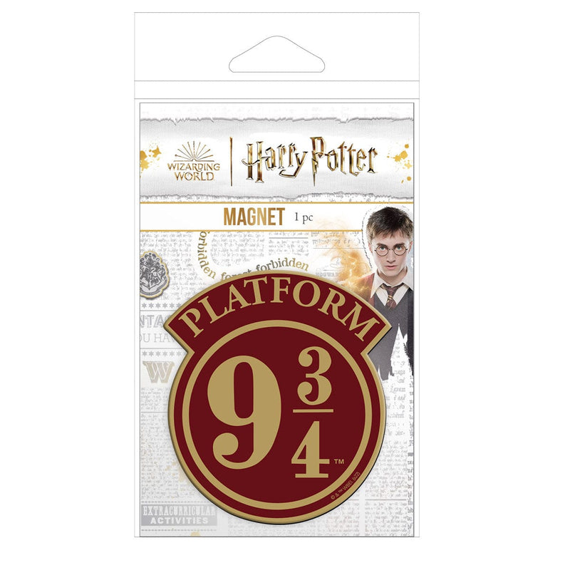 fridge magnet featuring Platform 9 3/4 shaped sign shown in package on a white background.
