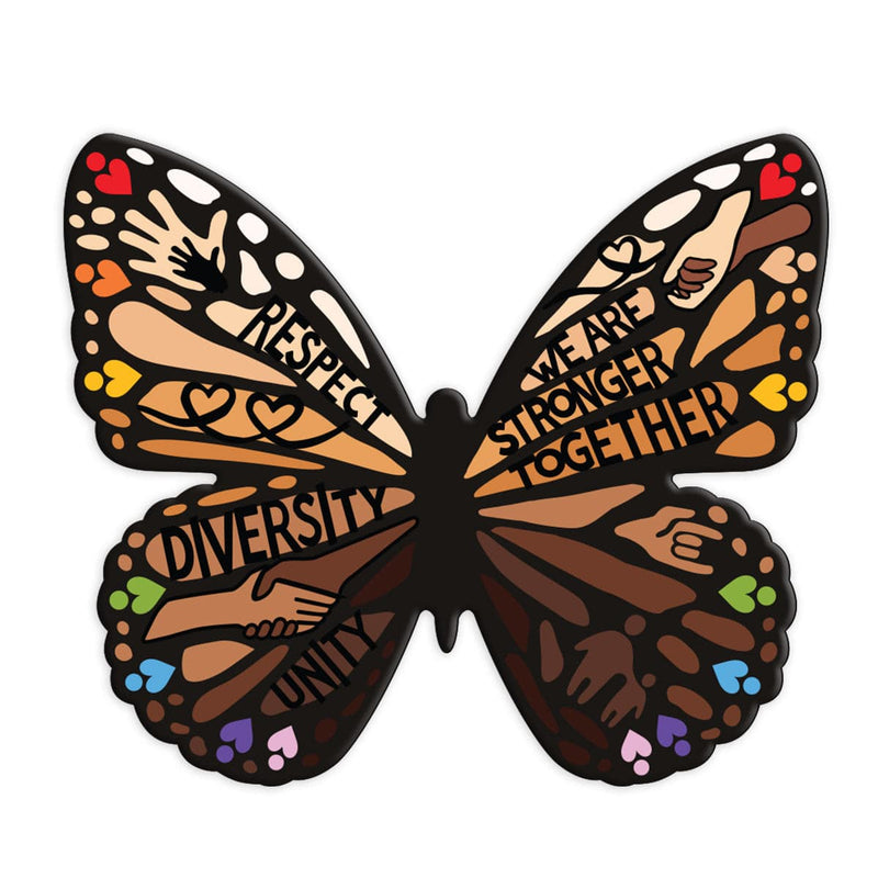 fridge magnet featuring a shaped, colorful, illustrated butterfly featuring words of diversity shown on a white background.
