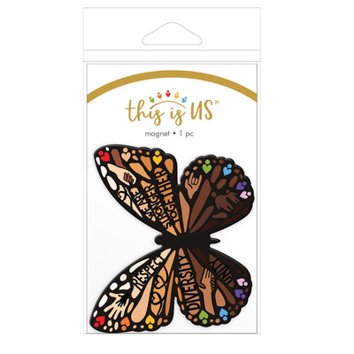 fridge magnet featuring a shaped, colorful, illustrated butterfly featuring words of diversity shown in package on a white background.