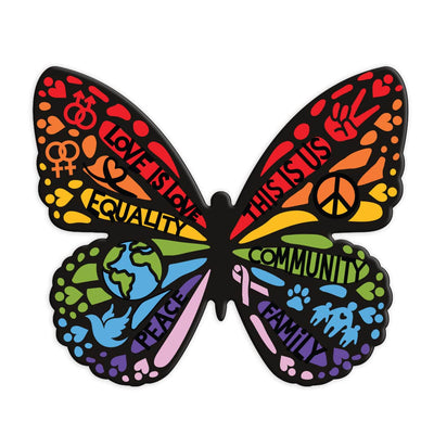 fridge magnet featuring a shaped butterfly with colorful words of love and diversity shown on a white background.