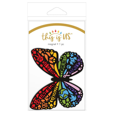 fridge magnet featuring a shaped butterfly with colorful words of love and diversity shown in package on a white background.