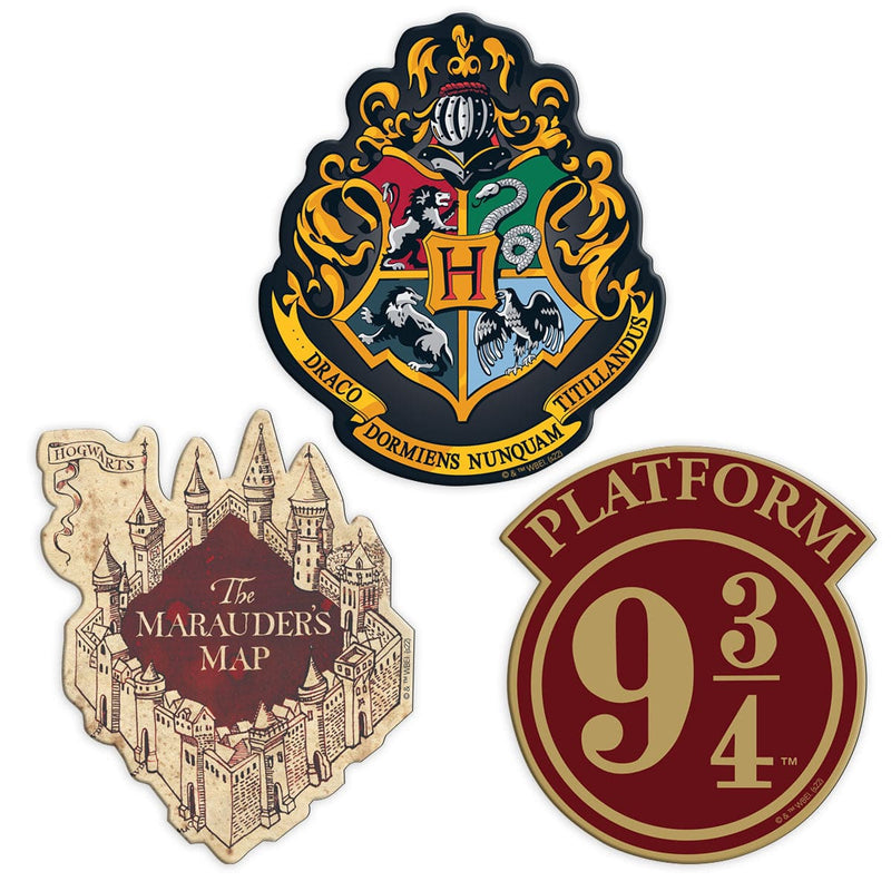 Three Harry Potter shaped magnets featuring the Hogwarts crest, the Marauder&