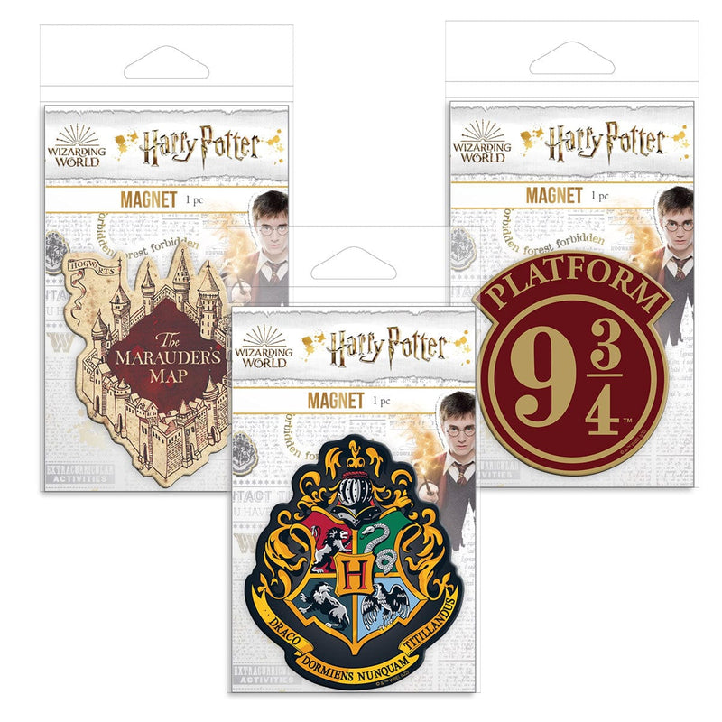 Three Harry Potter shaped magnets featuring the Hogwarts crest, the Marauder&