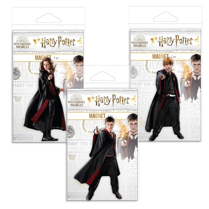 Three Harry Potter magnets featuring photo real diecut images of Harry, Hermione and Ron shown in packages on a white background.