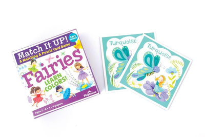 Fairy Garden matching game for kids image shows game box and two turquiose game cards with adorable fairy illustrations.
