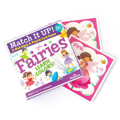 Fairy Garden matching game for kids image shows game box and two pink game cards with adorable fairy illustrations.