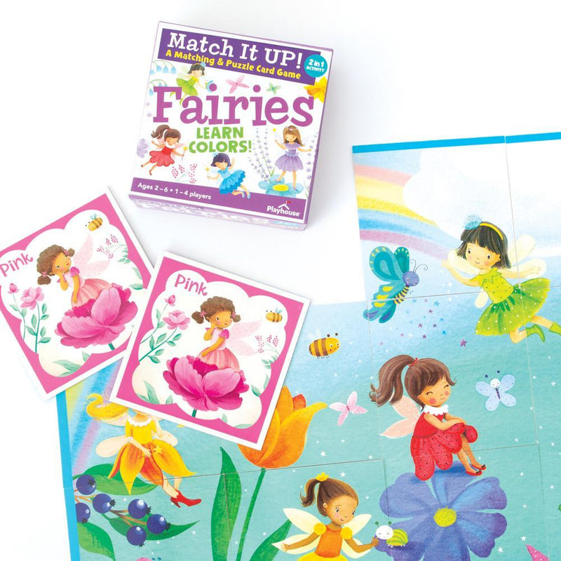 Fairy Garden matching game for kids image shows game box and game cards with adorable fairy illustrations.